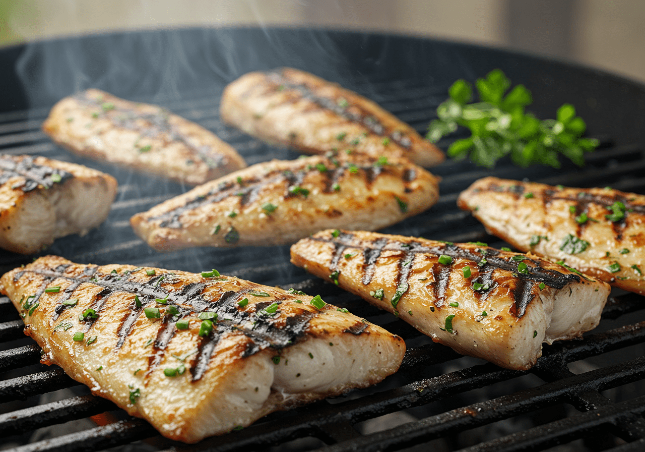 Filés de peixe lírio grelhando com marcas na grelha, prometendo uma deliciosa refeição.