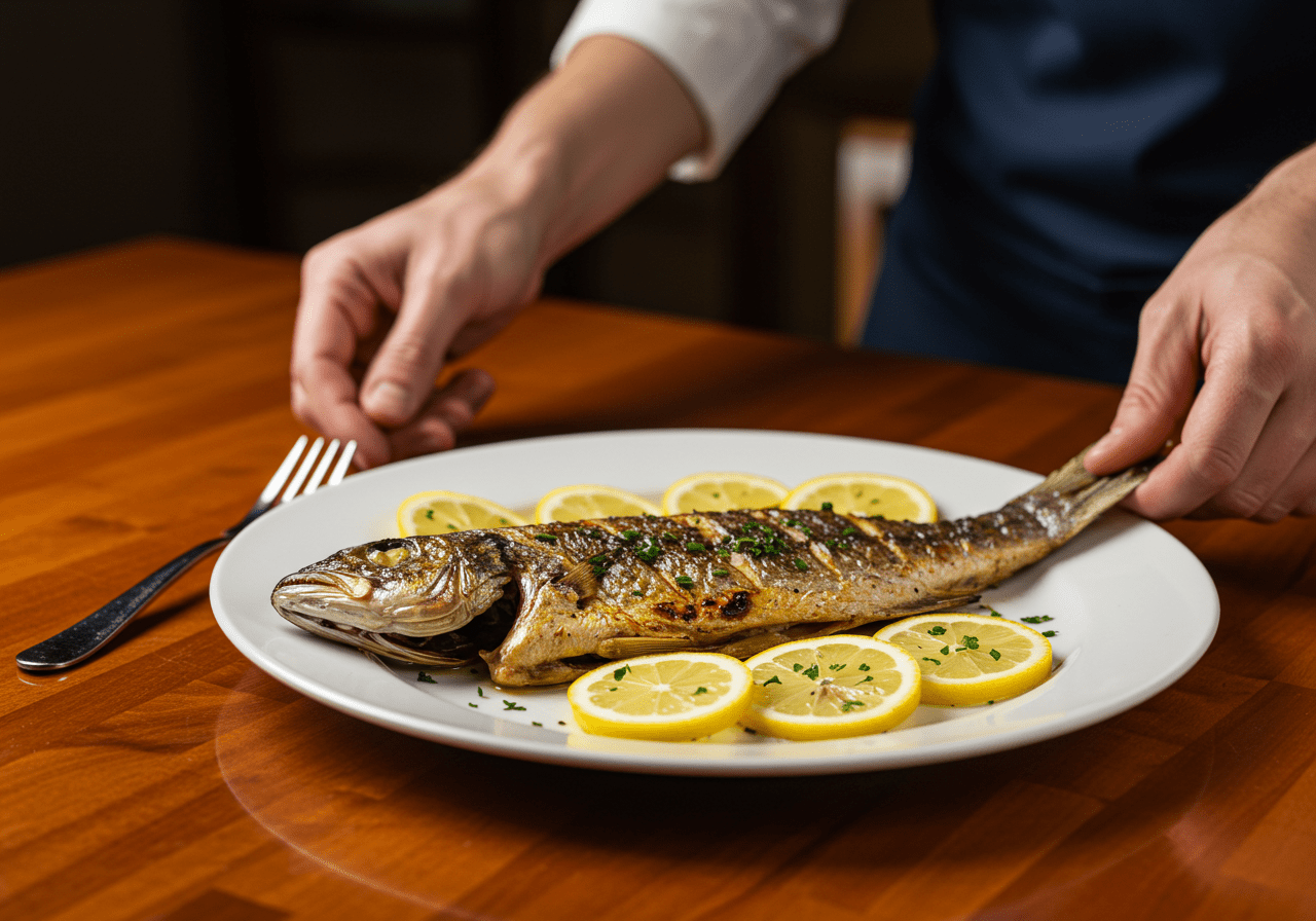 Peixe lírio grelhado servido com limão e ervas frescas, pronto para ser degustado.