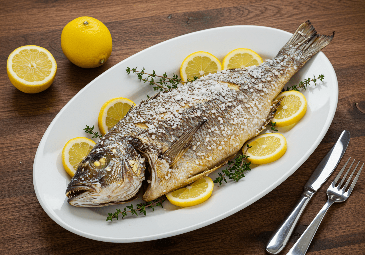 Finished Peixe Pregado ao Sal, a salt-crusted fish served with lemon, ideal for seafood lovers.