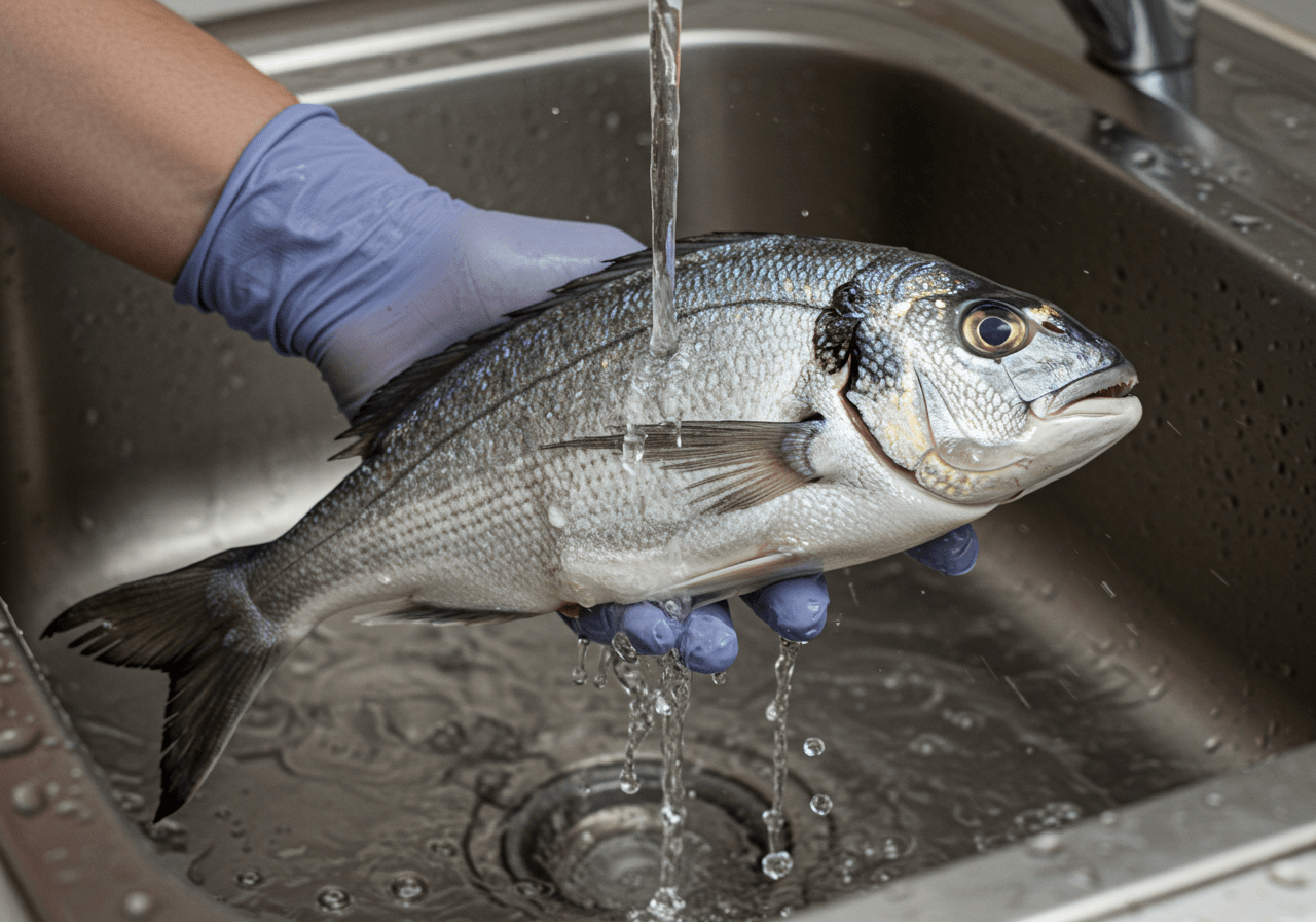 Pregado peixe being rinsed for preparing Peixe Pregado ao Sal.