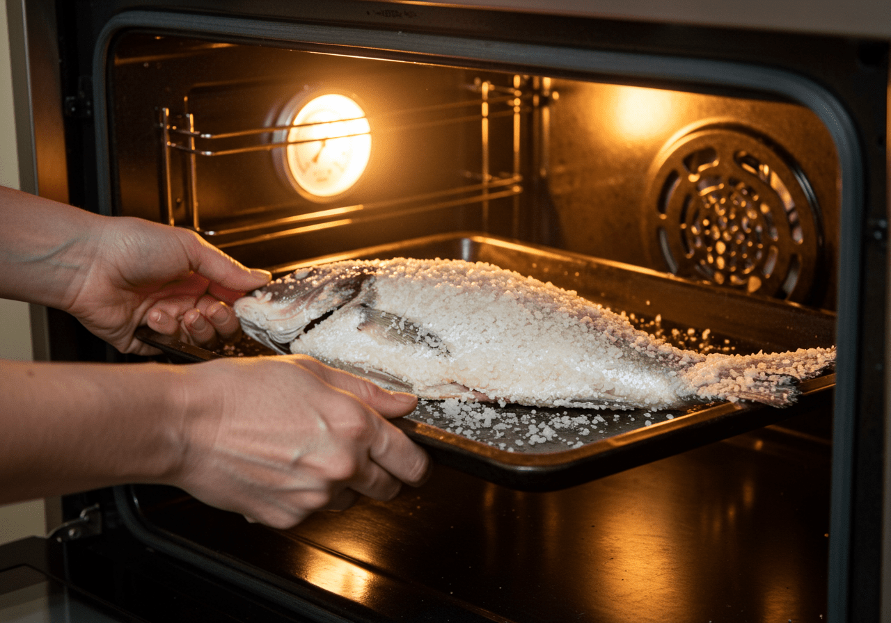Pregado peixe being placed in the oven for Peixe Pregado ao Sal cooking process.