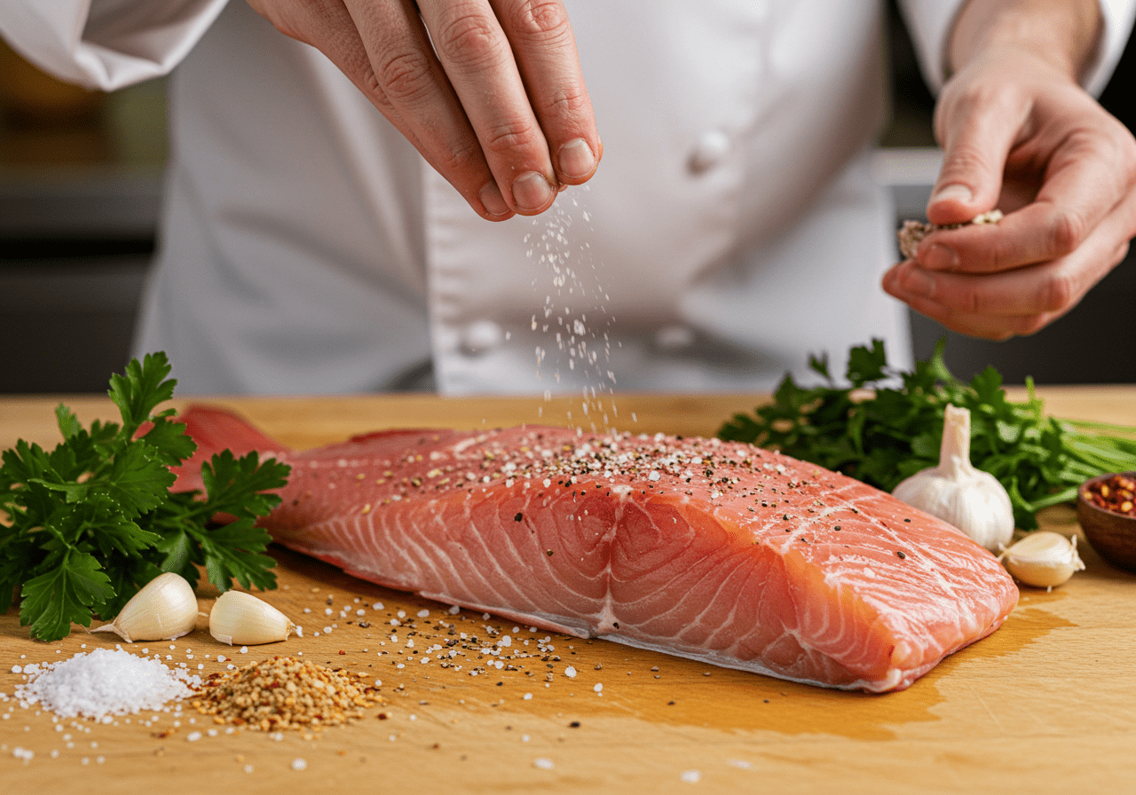 Peixe vermelho sendo temperado com sal e pimenta antes de grelhar.