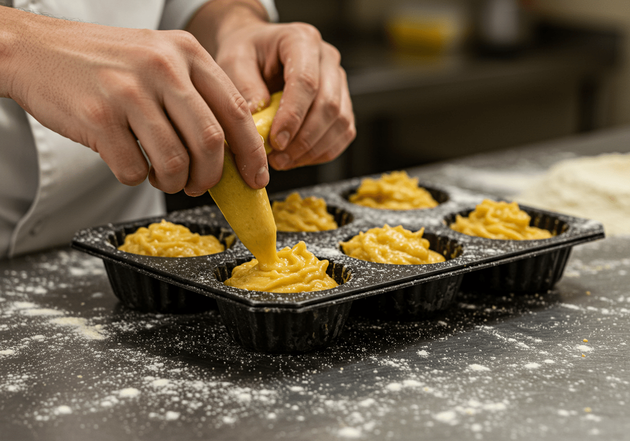 Filling molds with queijadas de sintra mixture ready for baking.