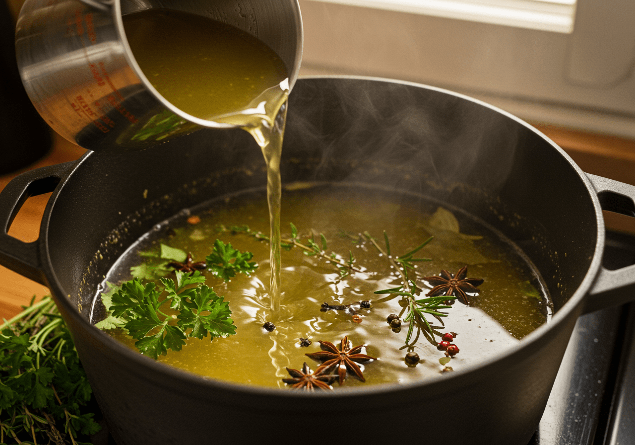 Caldo de legumes sendo despejado na panela para sopa de feijão com hortaliça reconfortante.