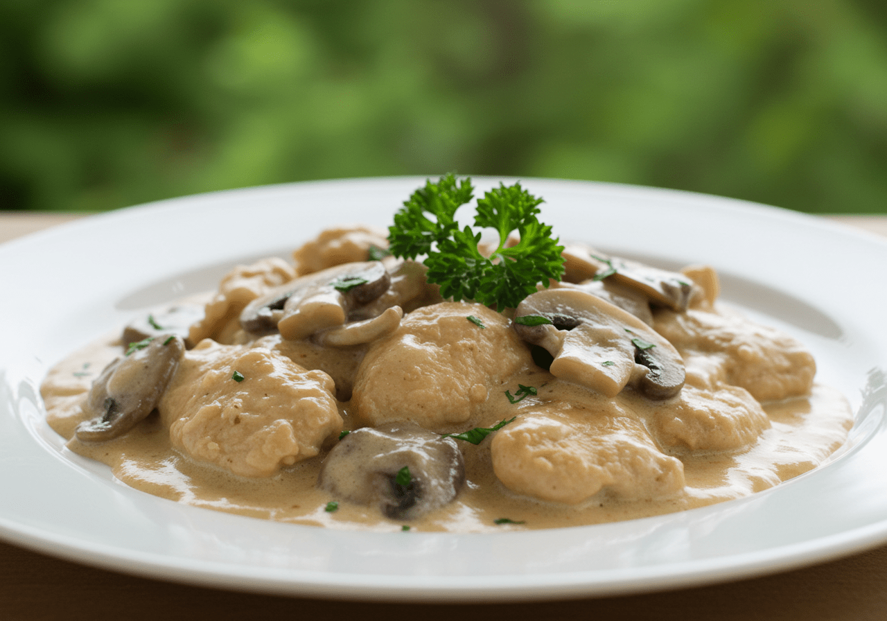 Finished strogonoff de frango com natas, a delightful dish complete for serving.