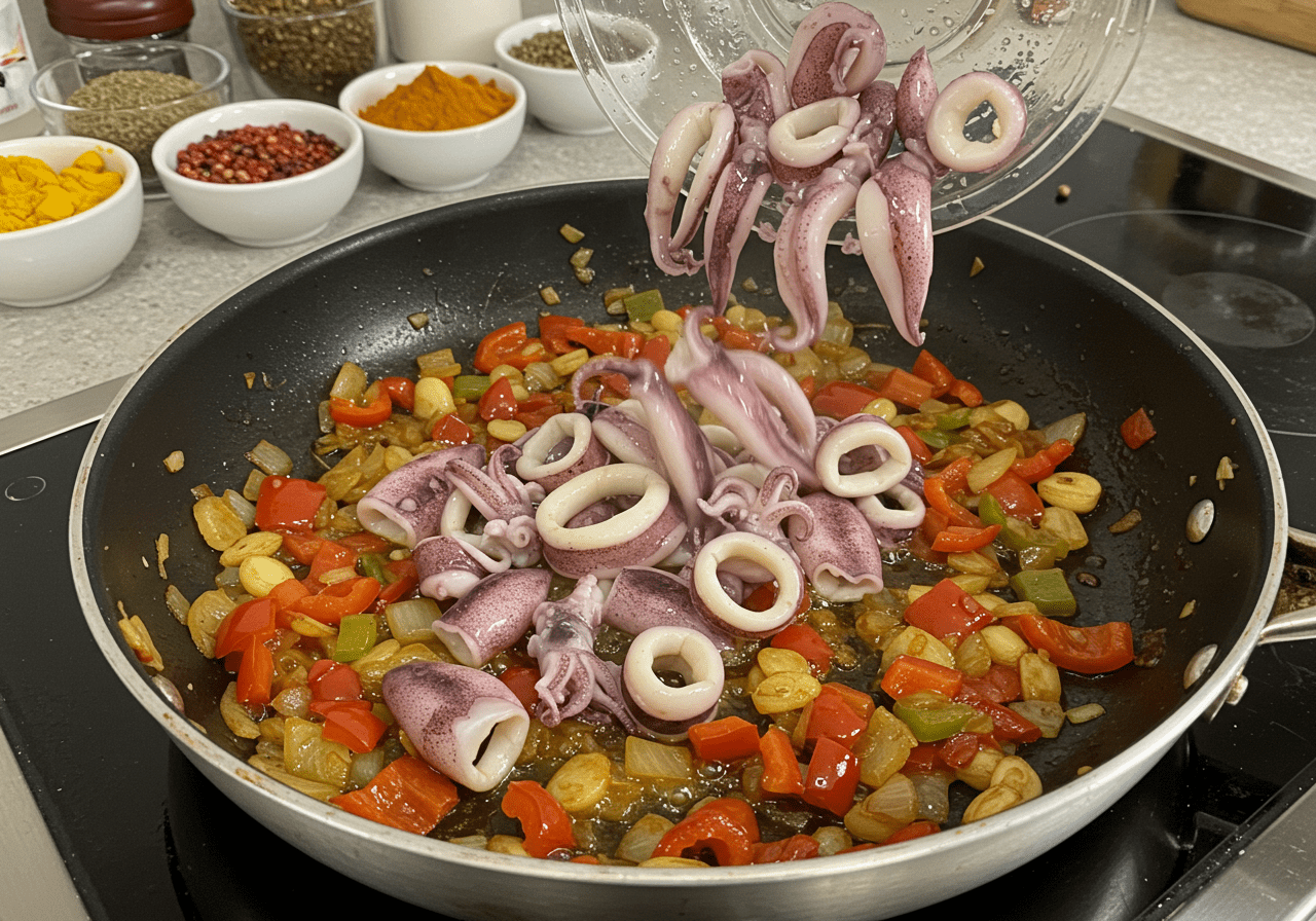 Adding fresh squid to the sautéed mixture for making arroz de lulas.