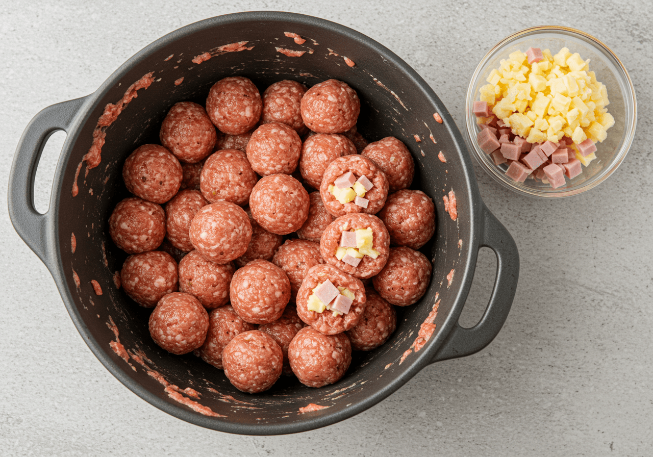 Formando a bola de carne recheada com queijo e presunto para receita de bola de carne à moda antiga.