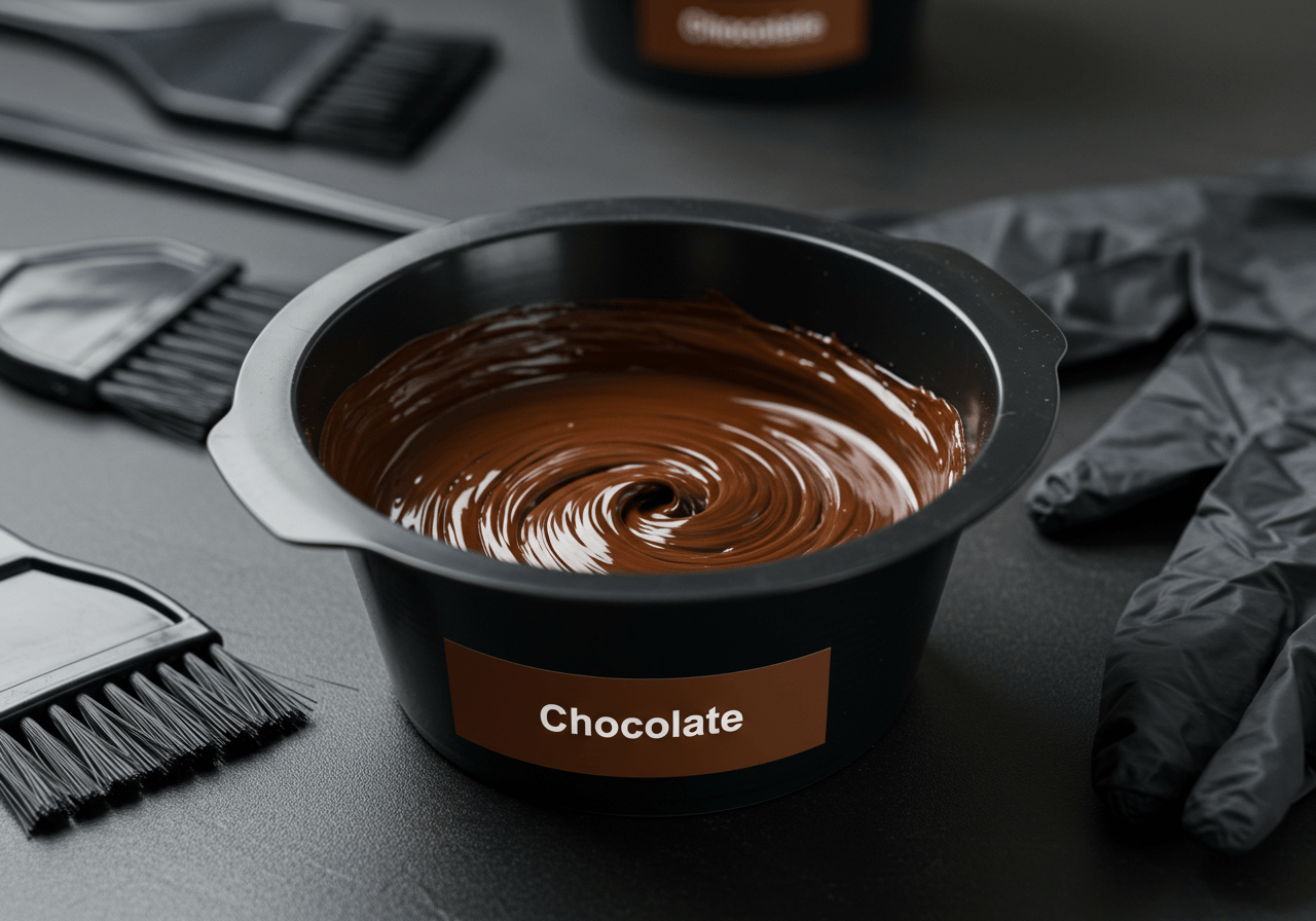 Bowl of chocolate hair dye for achieving a beautiful castanho cabelo look.