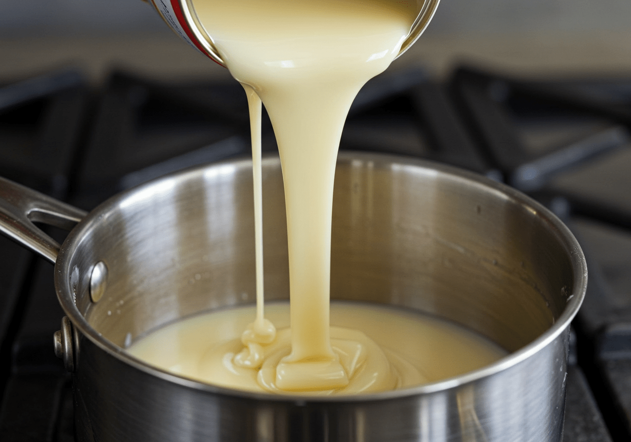 Leite condensado sendo despejado em uma panela para receitas com leite condensado.