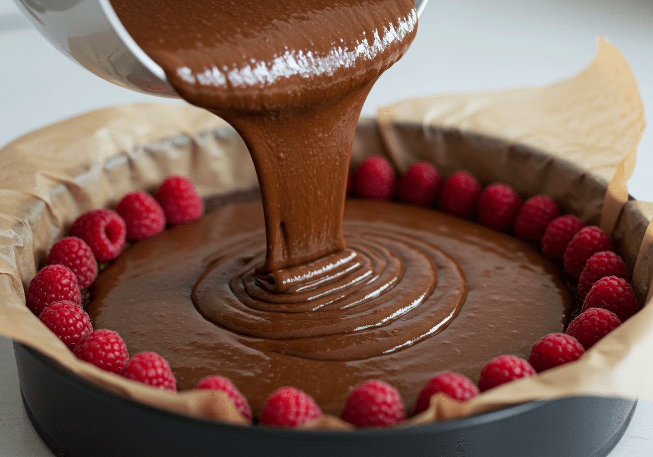 Bolo de chocolate sendo preparado para assar, com framboesas ao redor.