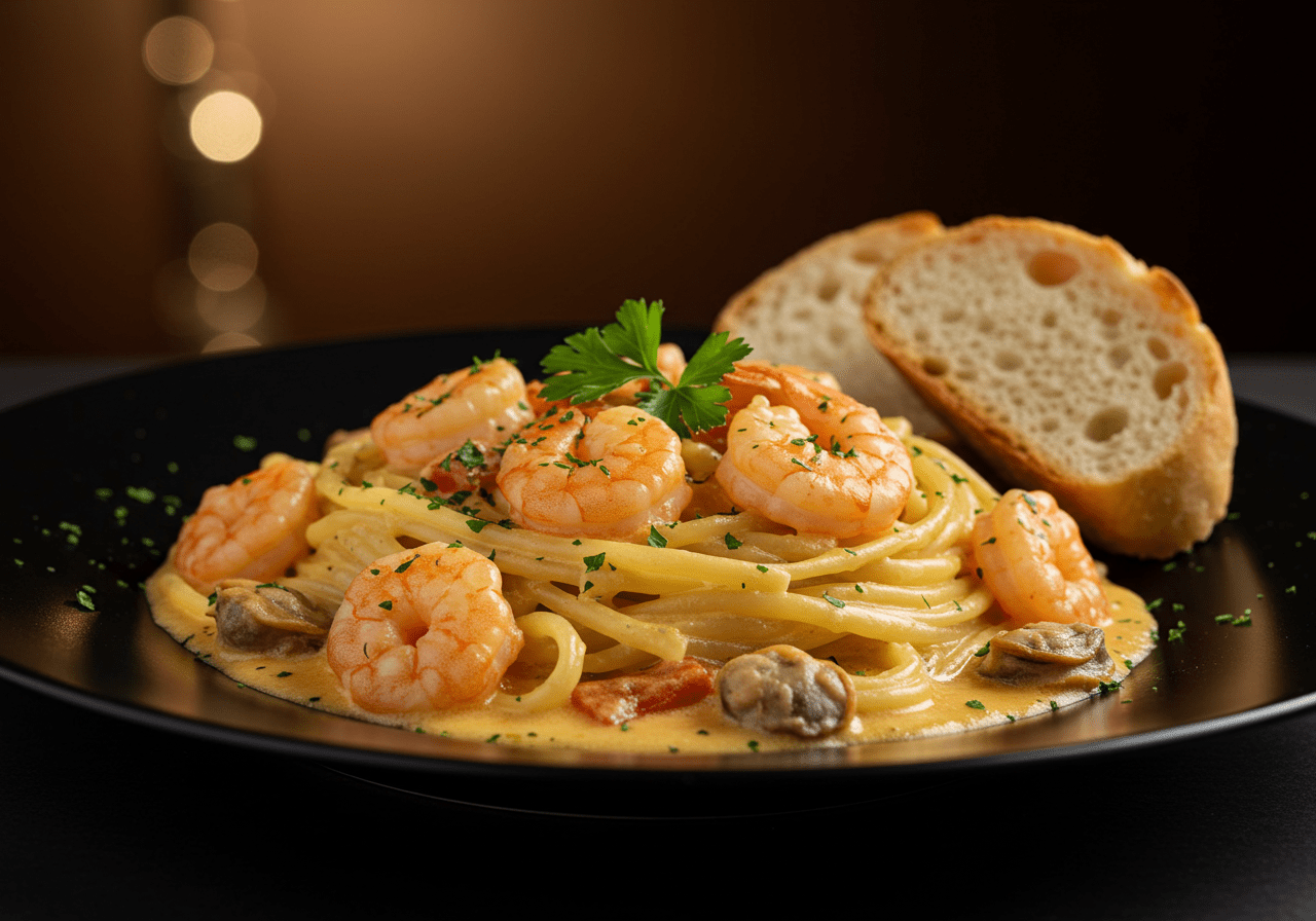 Finished massa com camarão receita plated with elegance, perfect for gourmet dining.