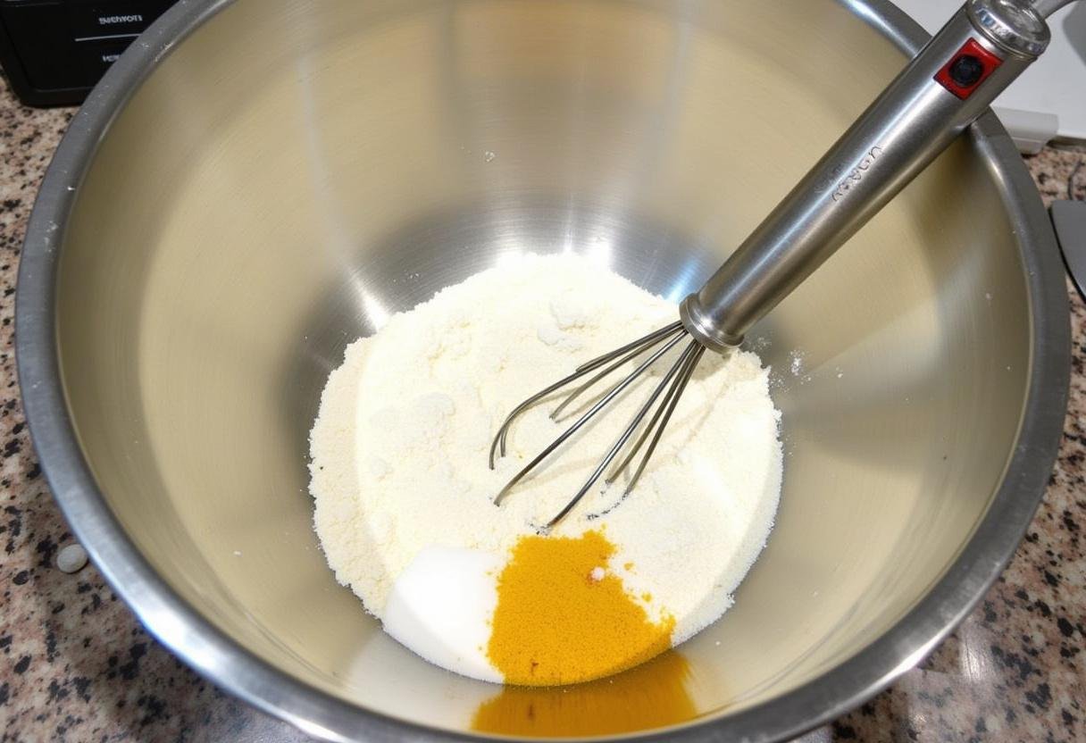 Mistura de farinha, sal e fermento instantâneo para a receita da focaccia perfeita.