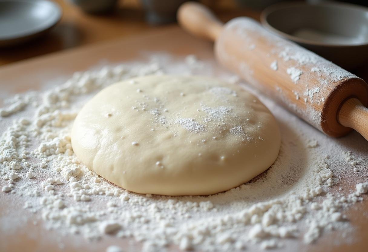 Massa de focaccia sendo amassada para obter a textura perfeita.