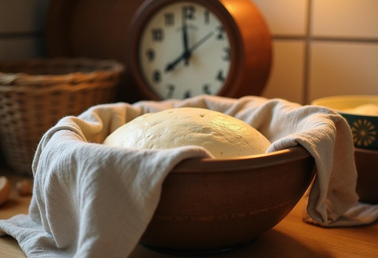 Massa de focaccia descansando para fermentar em um ambiente quente.