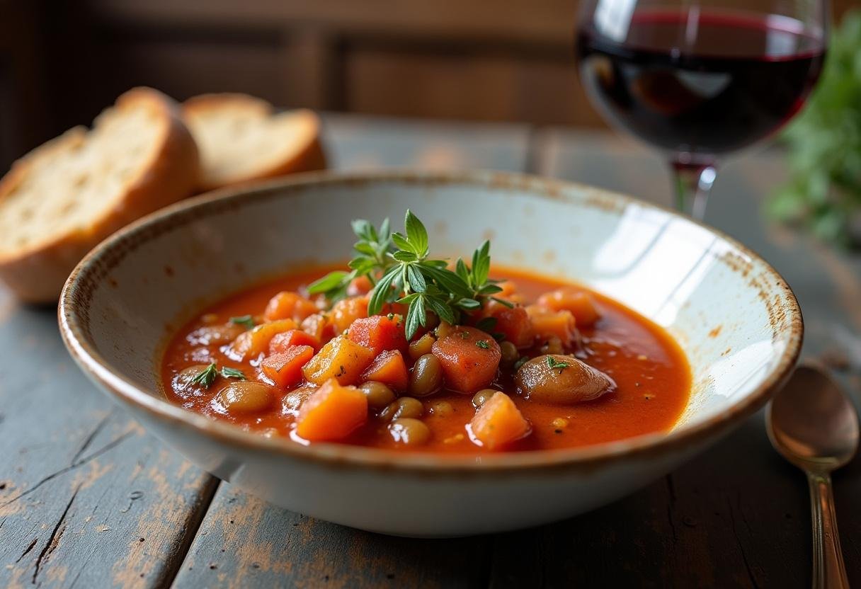 Açorda à Alentejana Rústica em uma mesa rústica, acompanhada de pão e vinho tinto.