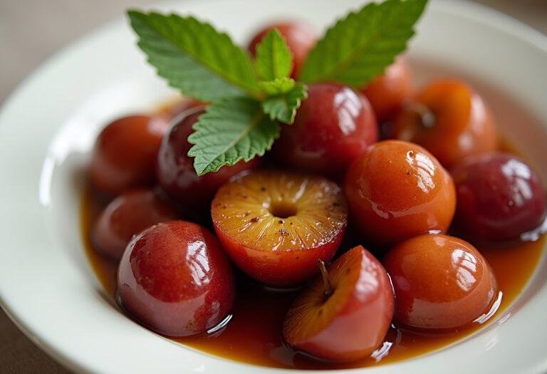 Ameixas assadas com vinho branco e especiarias, caramelizadas e prontas para servir, uma sobremesa deliciosa.