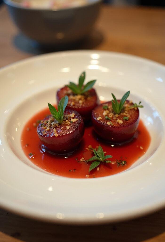 Finished roasted plums with white wine and spices, an elegant dessert for any occasion.