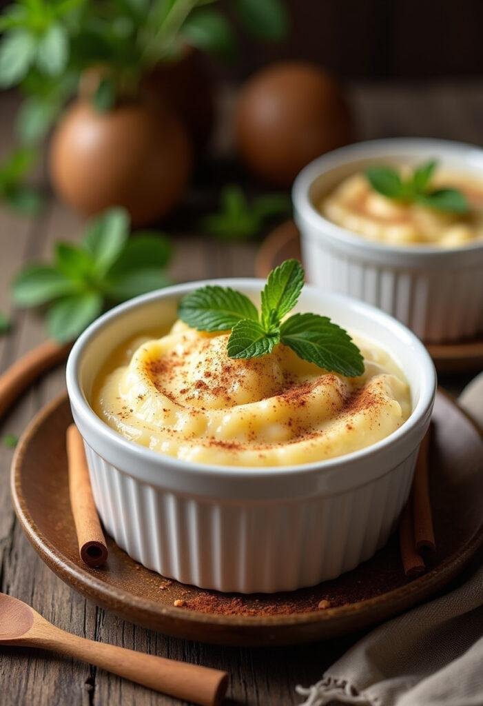 Arroz Doce Cremoso decorado com canela e folhas de hortelã, perfeito para servir.