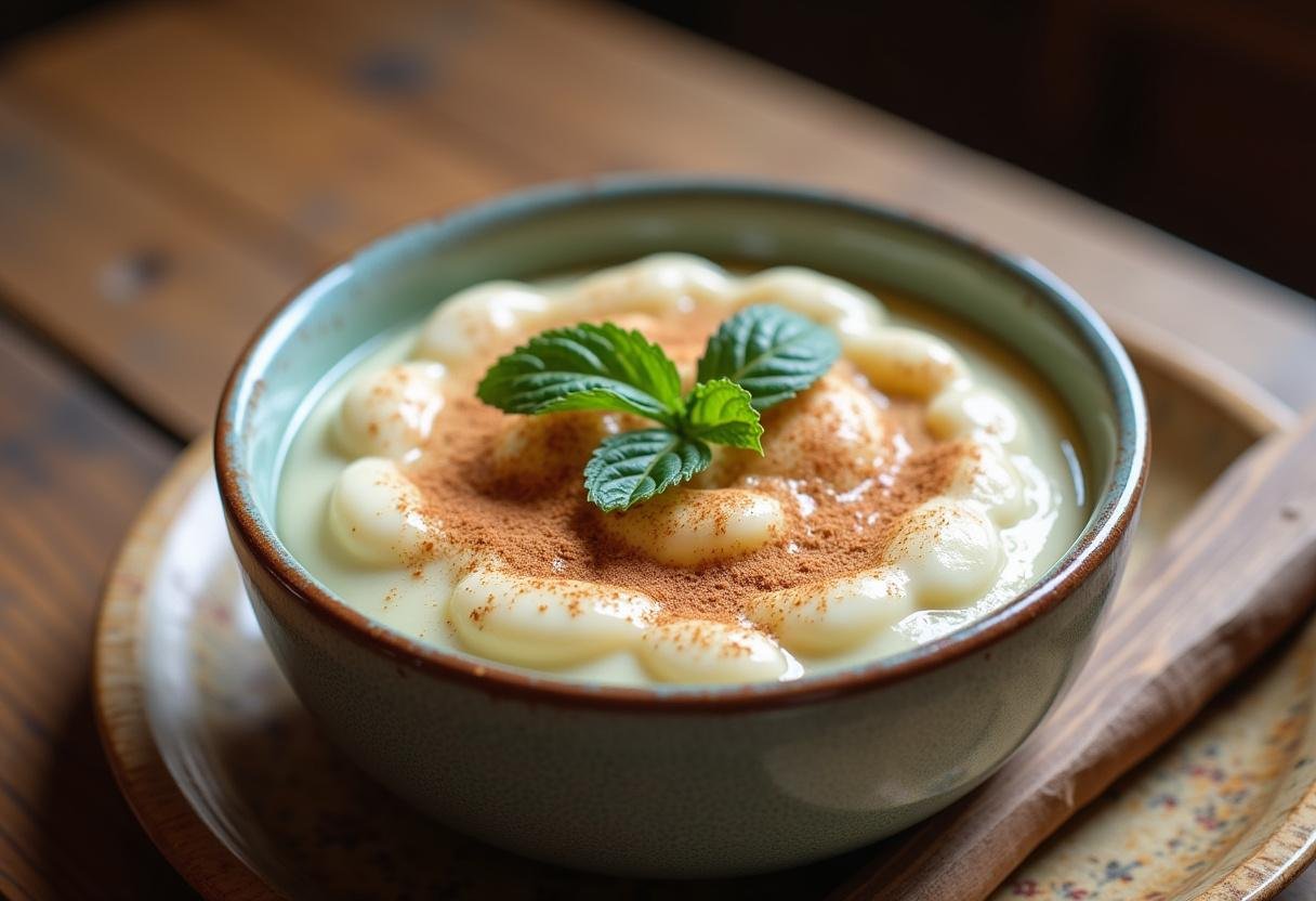 Arroz Doce Cremoso decorado com canela e folhas de hortelã, perfeito para servir.