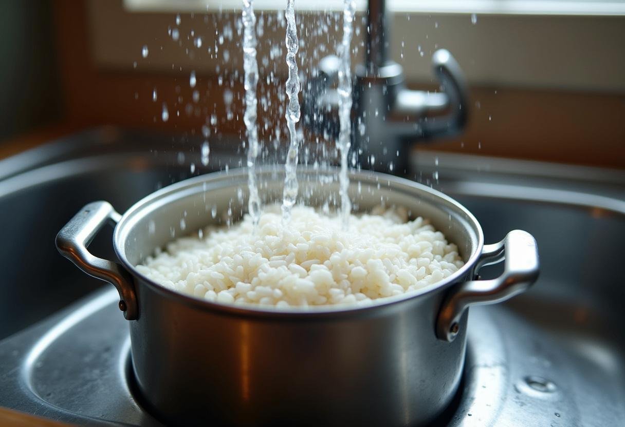 Arroz sendo lavado para preparar Arroz Doce Cremoso.