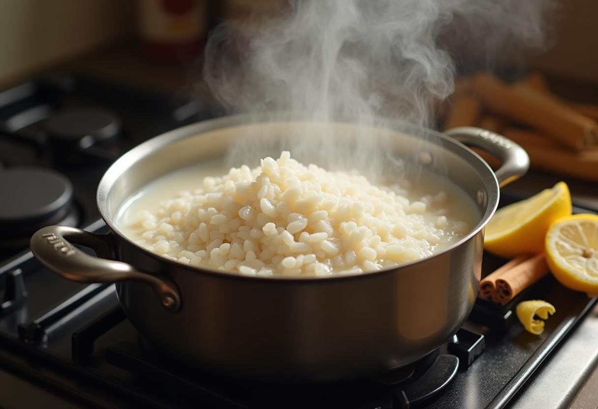 Preparação do arroz em leite para Arroz Doce Cremoso com canela e casca de limão ao lado.
