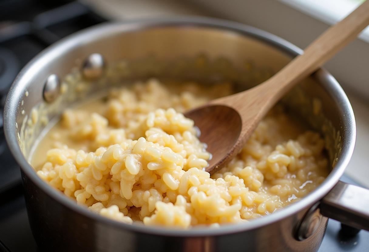 Mexendo o arroz doce cremoso no fogão com uma colher de pau.