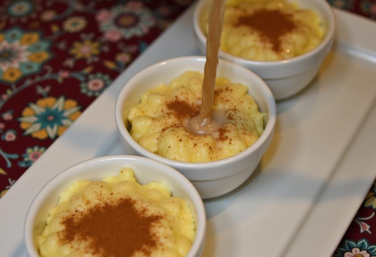 Servindo Arroz Doce Cremoso em tigelas com canela por cima.