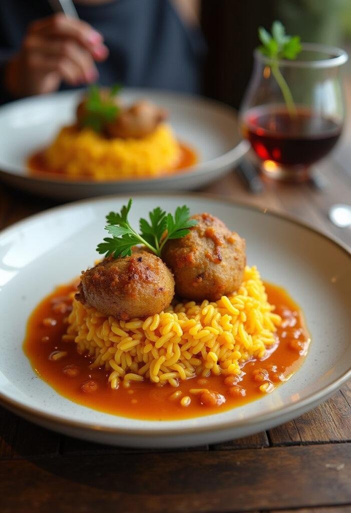 Prato final de Arroz de Galo Tradicional decorado com salsa, ideal para refeições familiares.