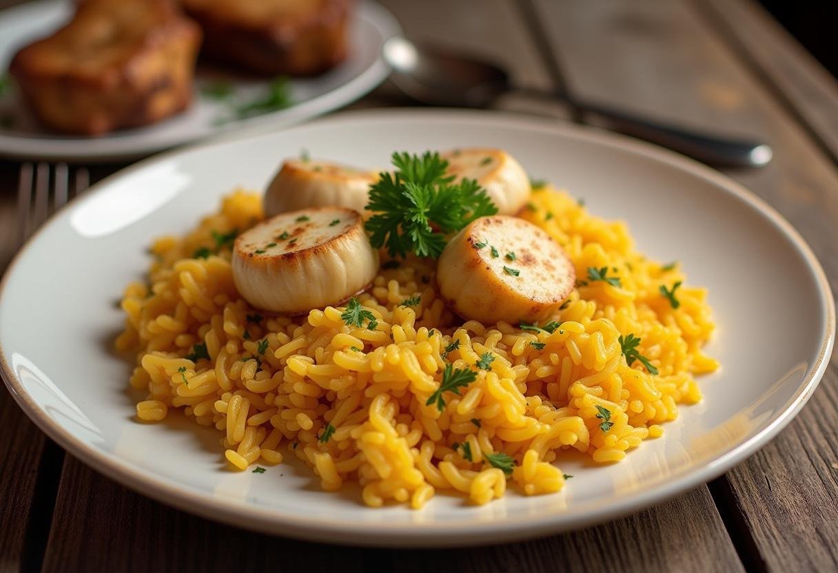 Prato final de Arroz de Galo Tradicional decorado com salsa, ideal para refeições familiares.