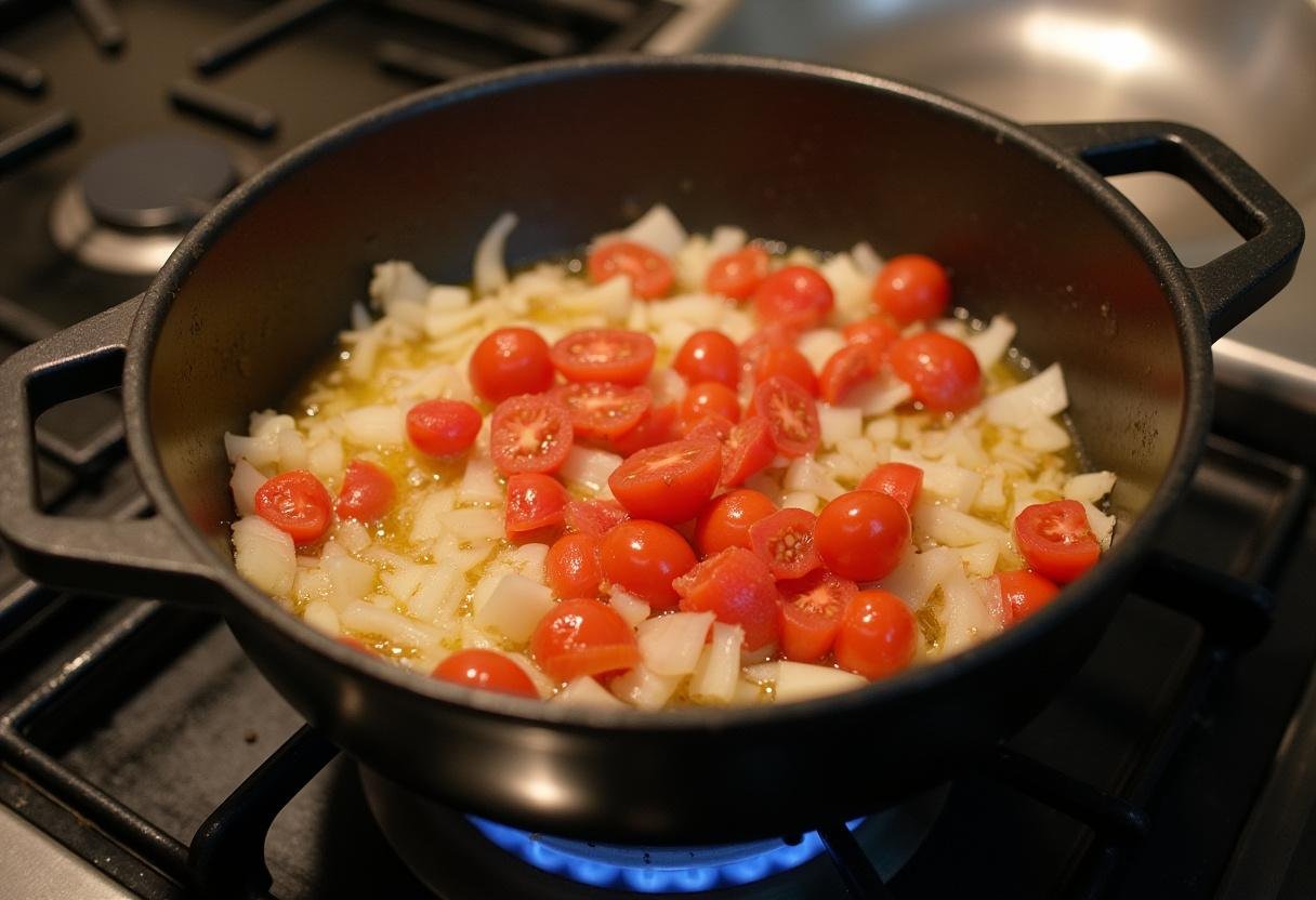 Preparando a base do Arroz de Galo Tradicional com cebolas, alho e tomates refogados.