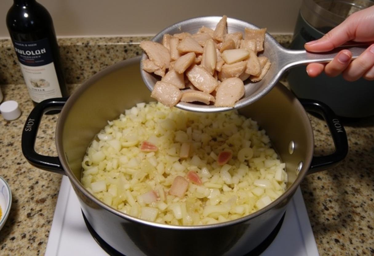 Adicionando lampreia ao refogado de cebola e alho para o Arroz de Lampreia Tradicional.