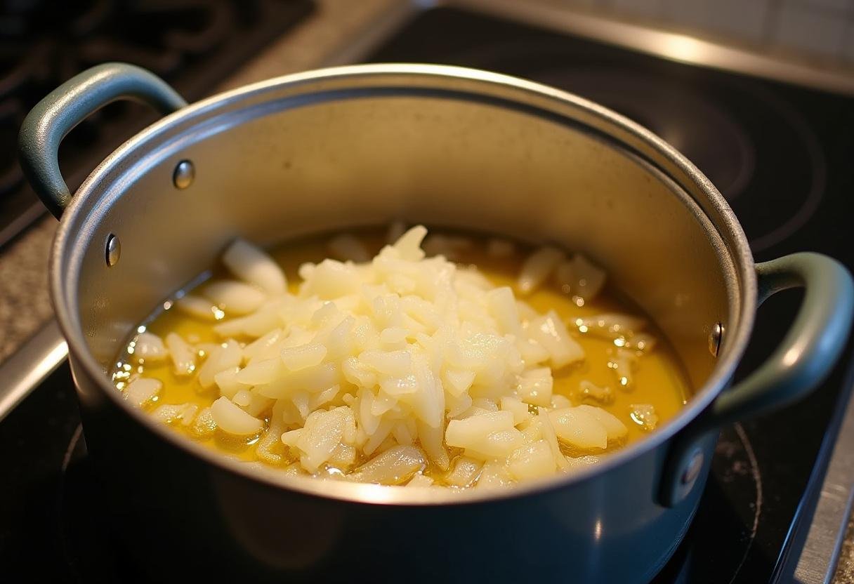A pot on the stove with onions and garlic sautéing for Arroz de Marisco à Moda de Faro Fresco.