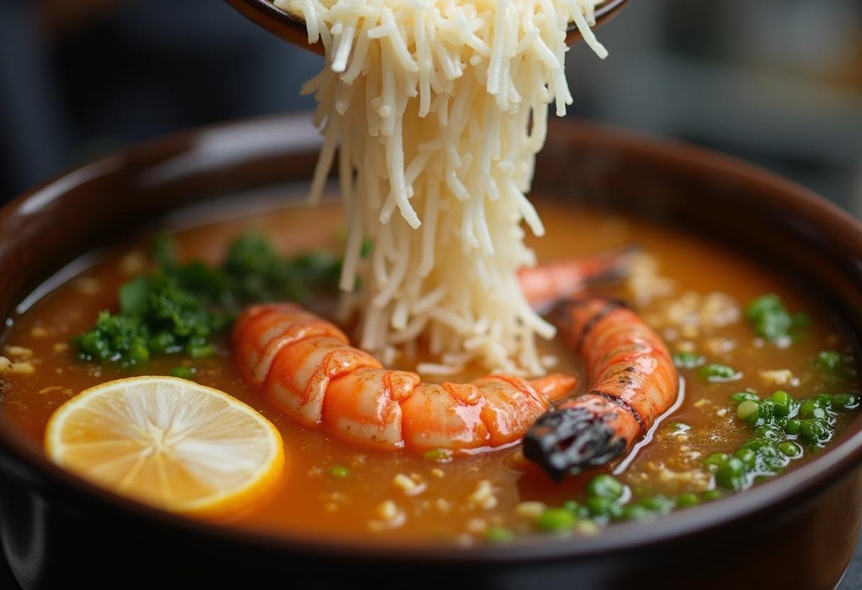 Rice being added to the seafood mixture for Arroz de Marisco à Moda de Faro Fresco.