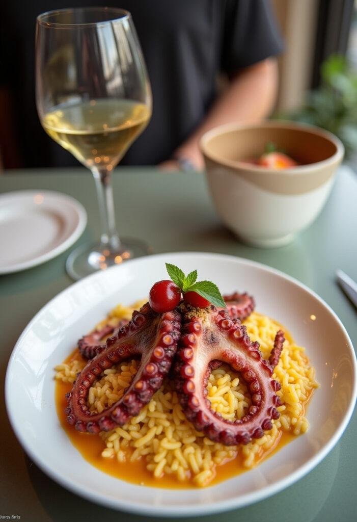 Finished Arroz de Polvo Rico dish with octopus, perfect for a seafood meal.