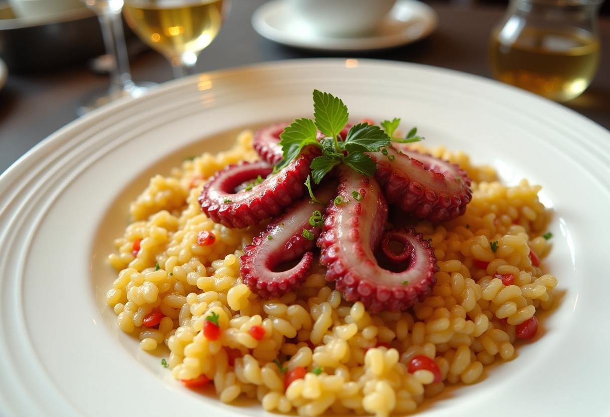 Prato de Arroz de Polvo Rico finalizado com polvo, perfeito para uma refeição de frutos do mar.