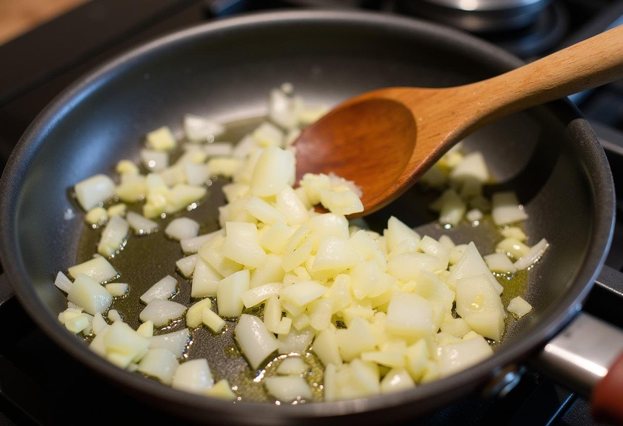 Refogar cebolas e alho em azeite para a receita de Arroz de Polvo Rico.