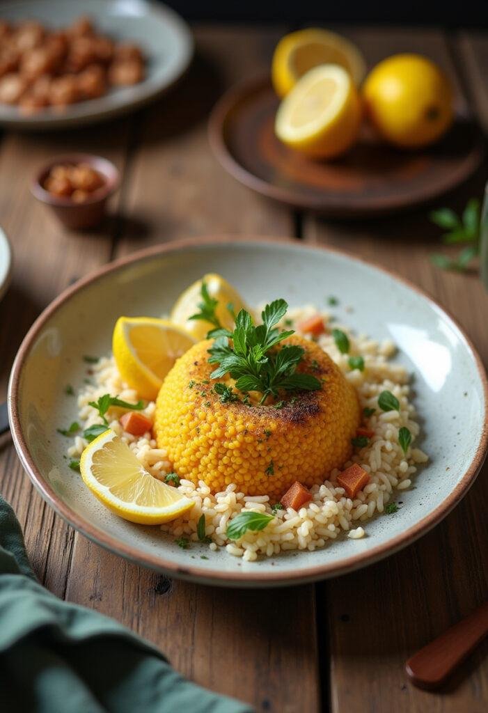 Prato finalizado de Arroz de Tamboril Refinado decorado com ervas frescas e fatias de limão.