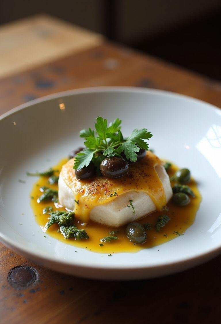 Deliciously presented Bacalhau à Moda de Braga Saboroso, showcasing vibrant garnishes and flavors.