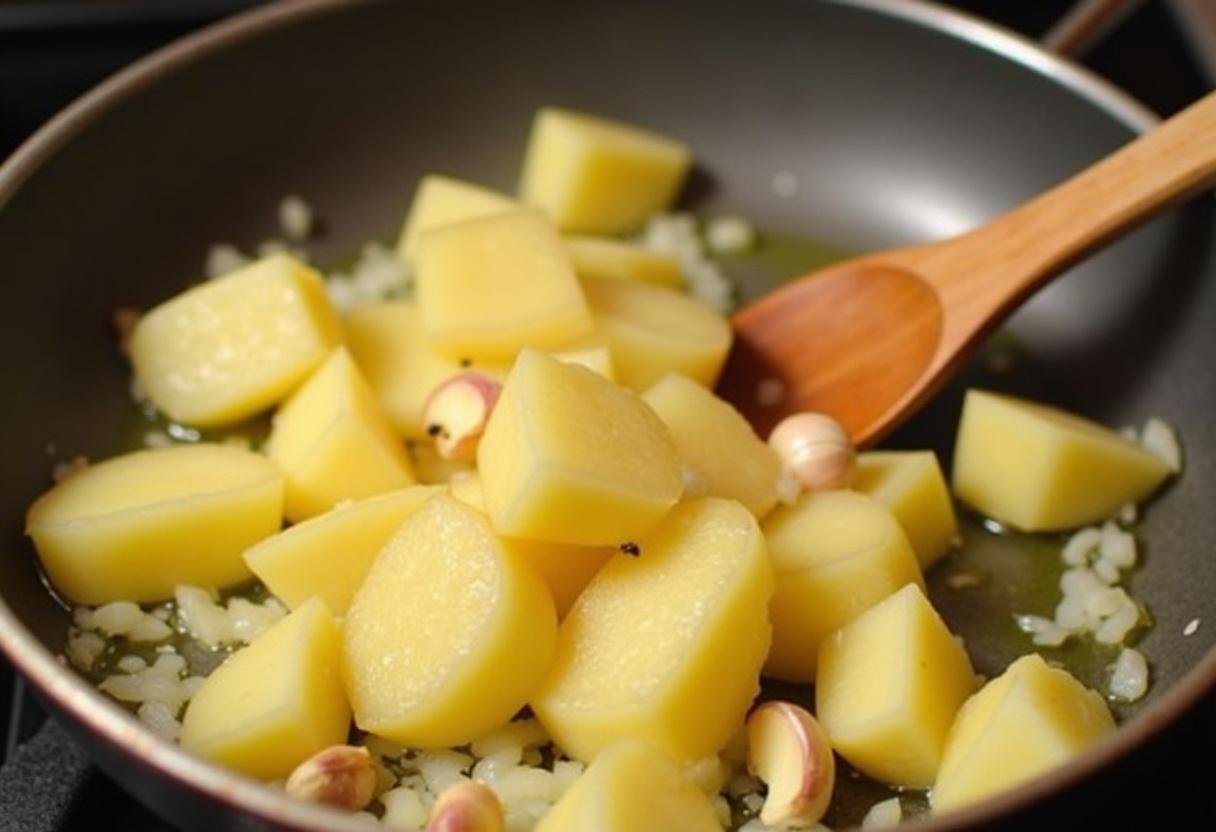 Refogando batatas e cebolas em azeite para Bacalhau à Moda de Braga Saboroso.