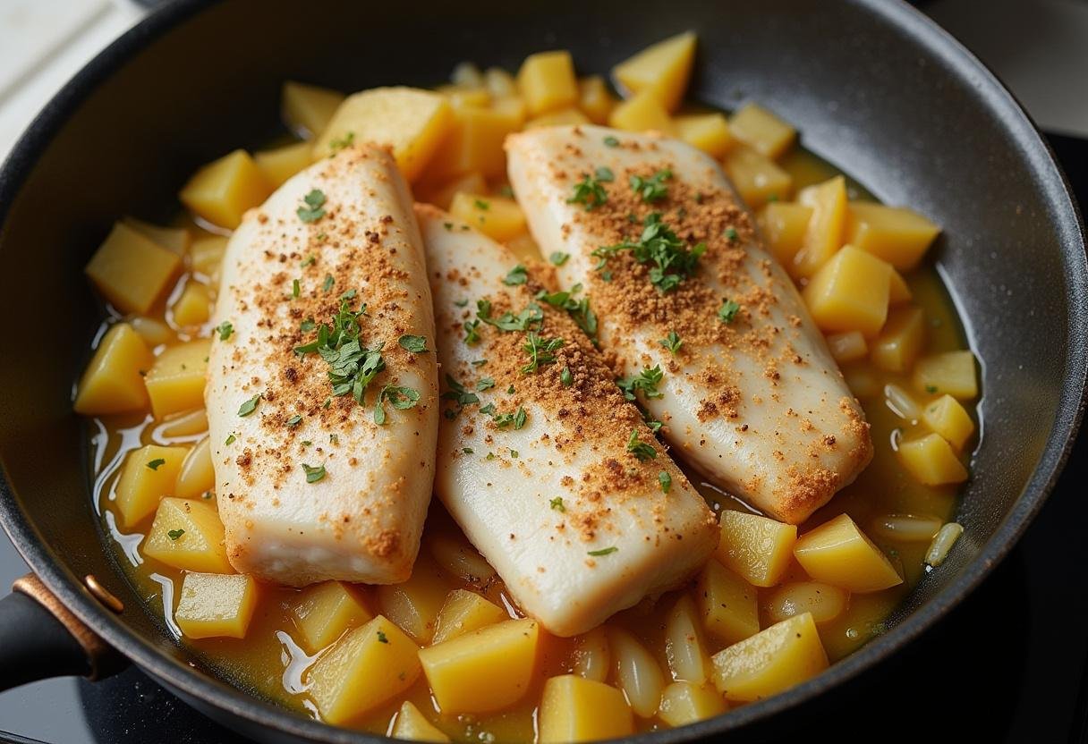 Camadas de bacalhau sobre batatas e cebolas refogadas para a receita de Bacalhau à Moda de Braga Saboroso.