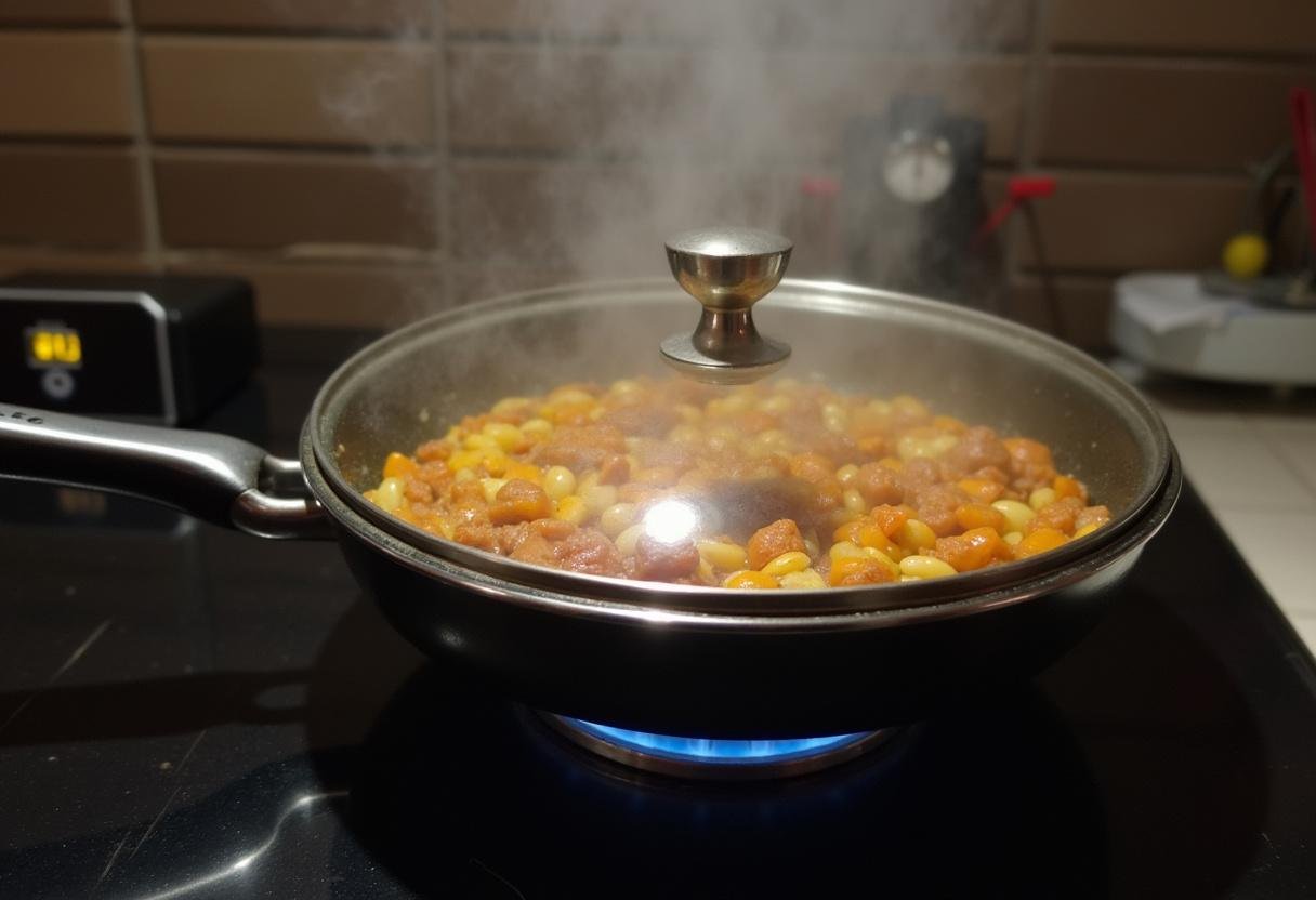 Cozinhando Bacalhau à Moda de Braga Saboroso numa frigideira no fogão.