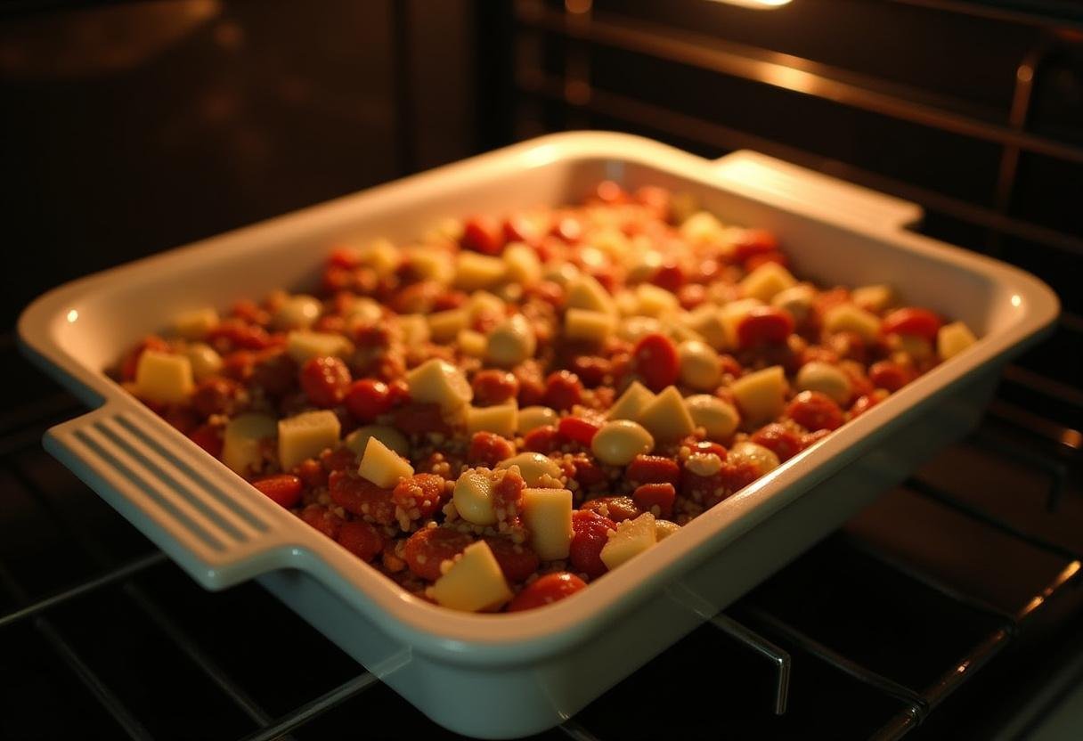 Baking dish of Bacalhau à Moda de Lisboa Clássico being put into the oven.