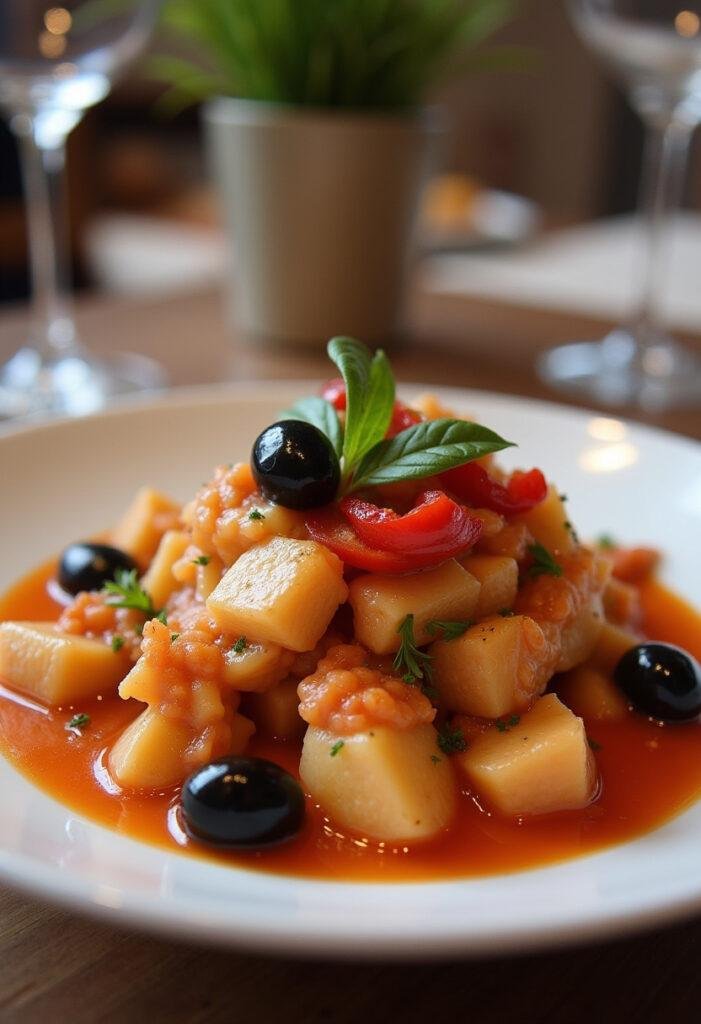 Prato finalizado de Bacalhau à Moda de Viana Rico servido com azeitonas e pimentão, ideal para refeições festivas.