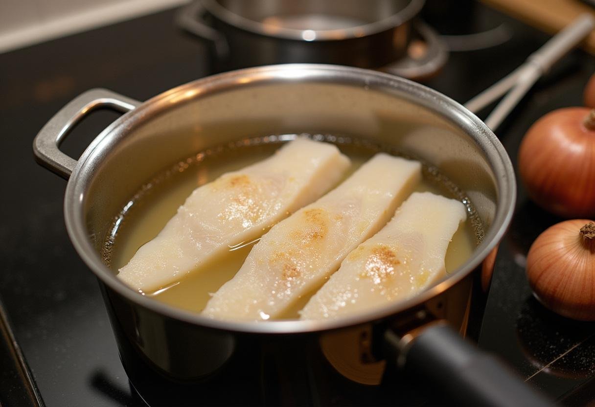 Cozinhar filés de bacalhau em água fervente para preparar Bacalhau com Natas Cremoso.