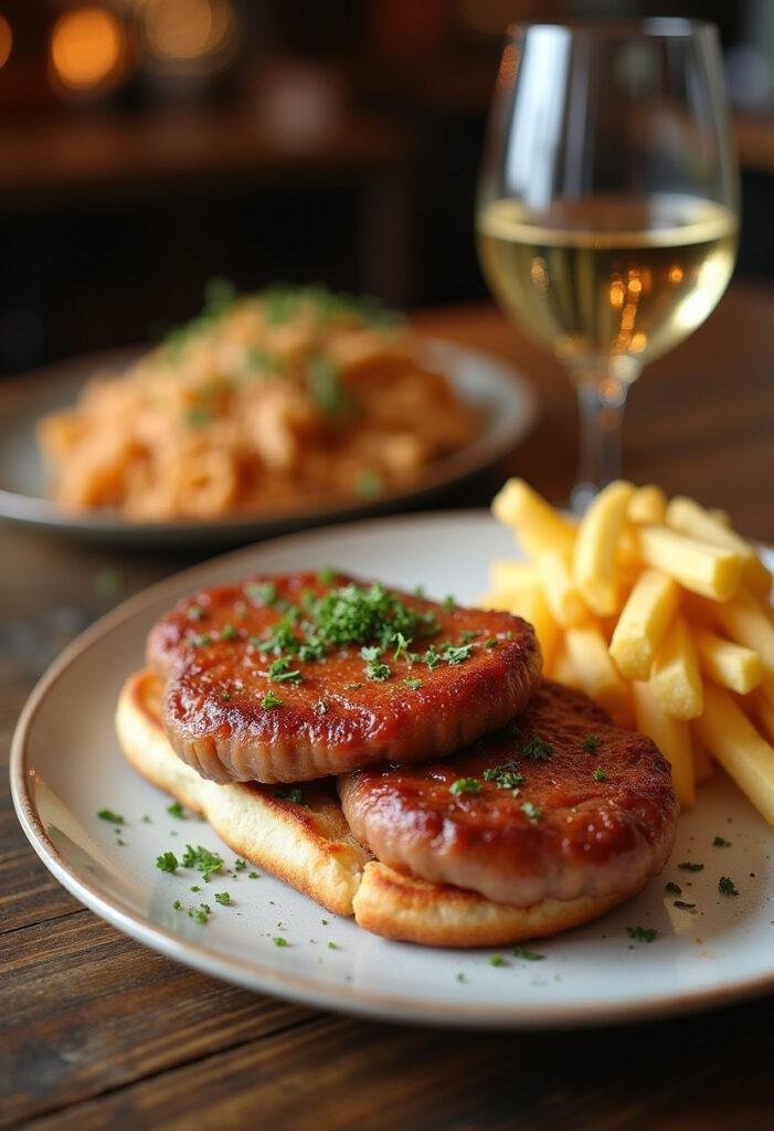 Gourmet bifanas served with fries, perfect for enjoying traditional Portuguese flavors.