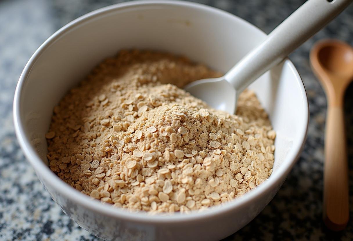 Bowl of oat bran and dry ingredients for Bolinhos de farelo de aveia e melado.