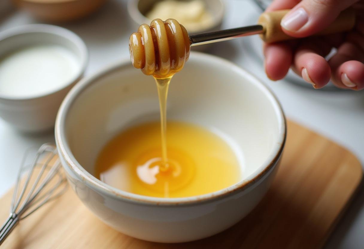 Honey being prepared for Bolinhos de farelo de aveia e melado mixture.
