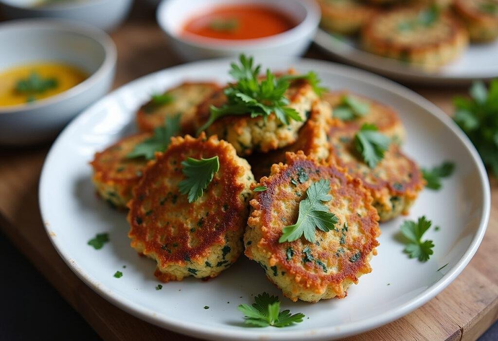 Bolinhos salgados de couve-flor e espinafre crocantes e prontos para servir.