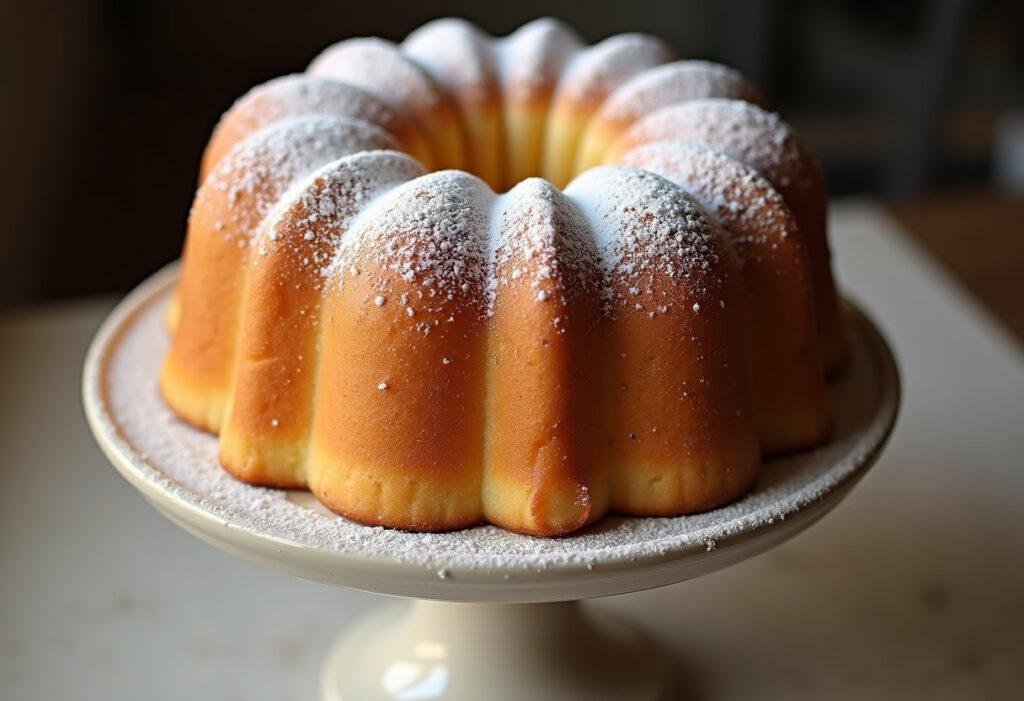 Bolo beija-flor assado e decorado com açúcar de confeiteiro, pronto para servir.