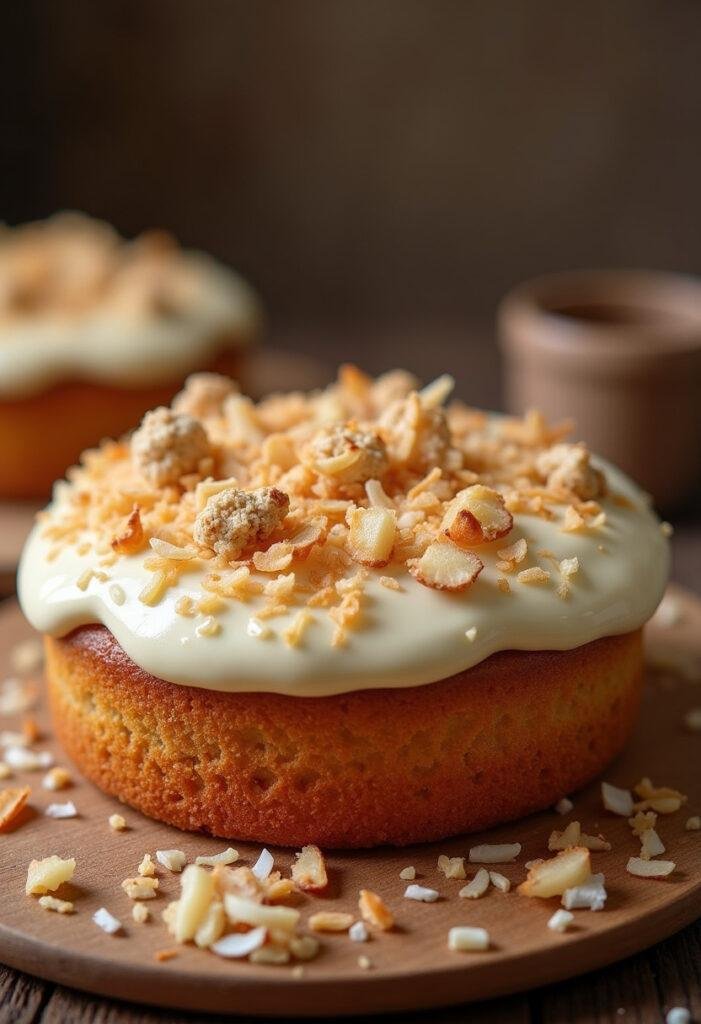 Bolo beija-flor finalizado com cobertura de cream cheese e coco tostado, pronto para servir.